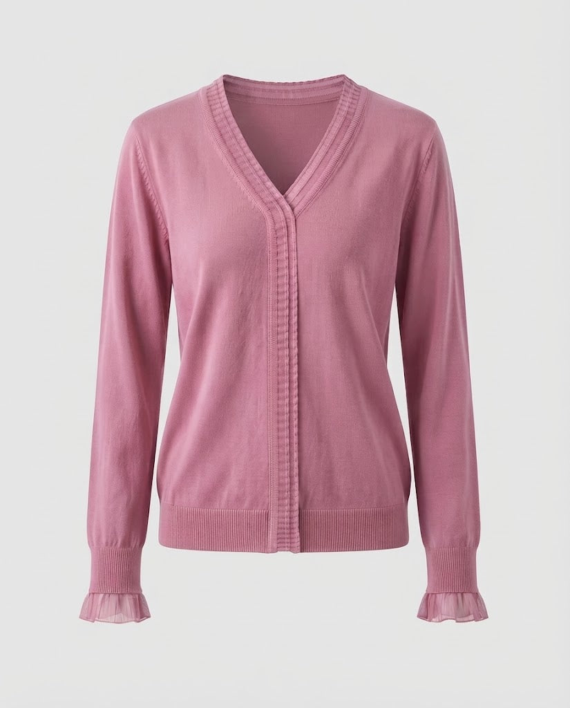 Damen Feiner V‑Ausschnitt-Feinstrickpullover mit plisseeverzierten Kanten und fließender Silhouette Nord Taschen