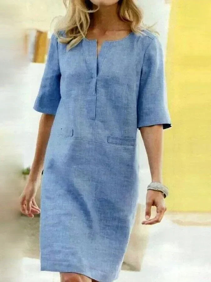 Damen Kurzarm Baumwolle und Leinen Kleid