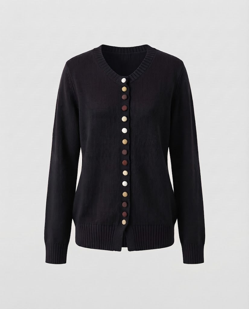 Damen Feiner V-Ausschnitt-Cardigan mit mehrfarbigen Zierknöpfen und geripptem Saum Nord Taschen