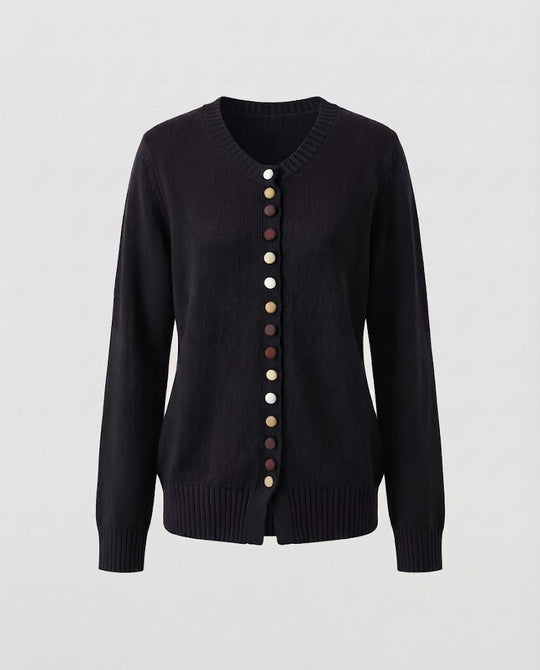 Damen Feiner V-Ausschnitt-Cardigan mit mehrfarbigen Zierknöpfen und geripptem Saum Nord Taschen