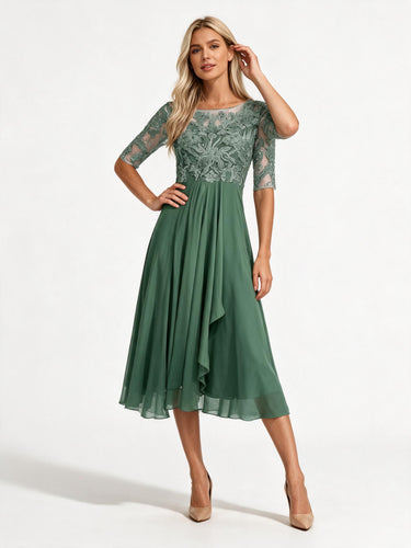 Damen Midikleid aus Chiffon mit Spitzenoberteil und 3/4-Ärmeln – elegantes Anlasskleid