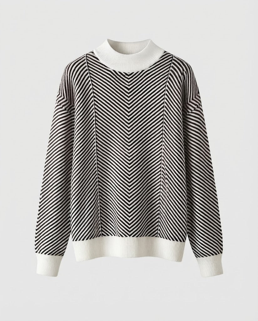 Damen Feinstrick-Pullover mit Chevron-Streifen und leichtem Mockneck Nord Taschen