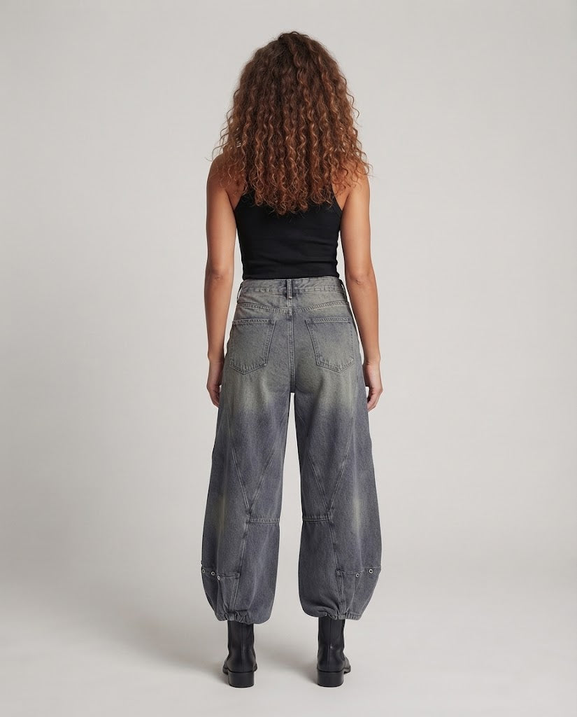 Damen Weite High-Waist Cargo-Jeans mit verstellbaren Druckknopf-Details Nord Taschen