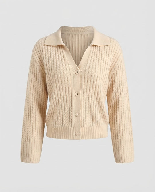 Damen Cropped Zopfstrick-Cardigan mit Hemdkragen und Ballonärmeln Nord Taschen