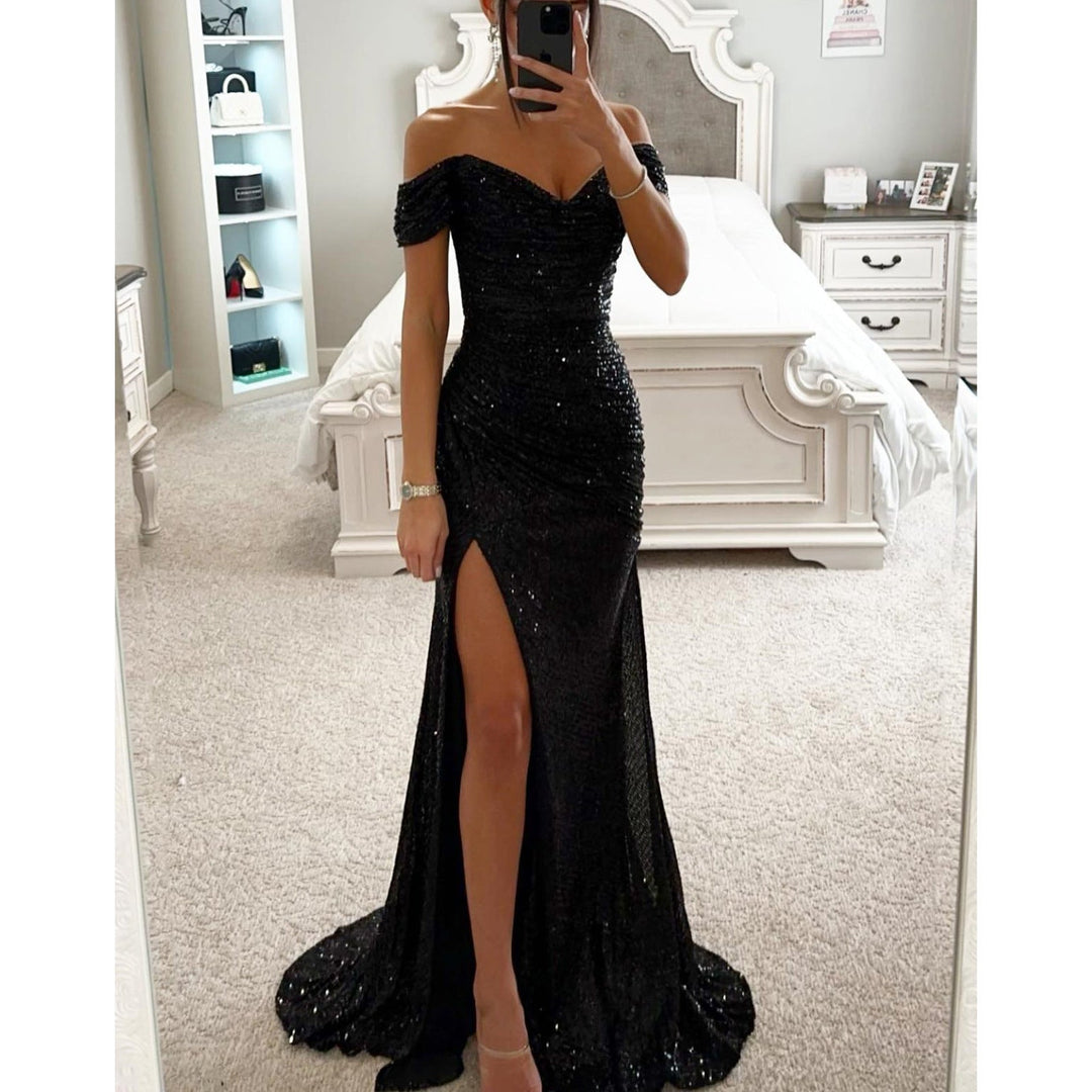Glitzerndes Damen Abendkleid Schulterfreies Maxikleid mit Schlitz für Hochzeit & Fest | Nord Taschen