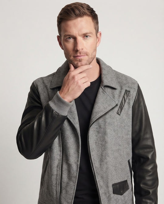 Herren Kurze Woll-Lederjacke im Biker-Mix mit Kontrastärmeln Nord Taschen