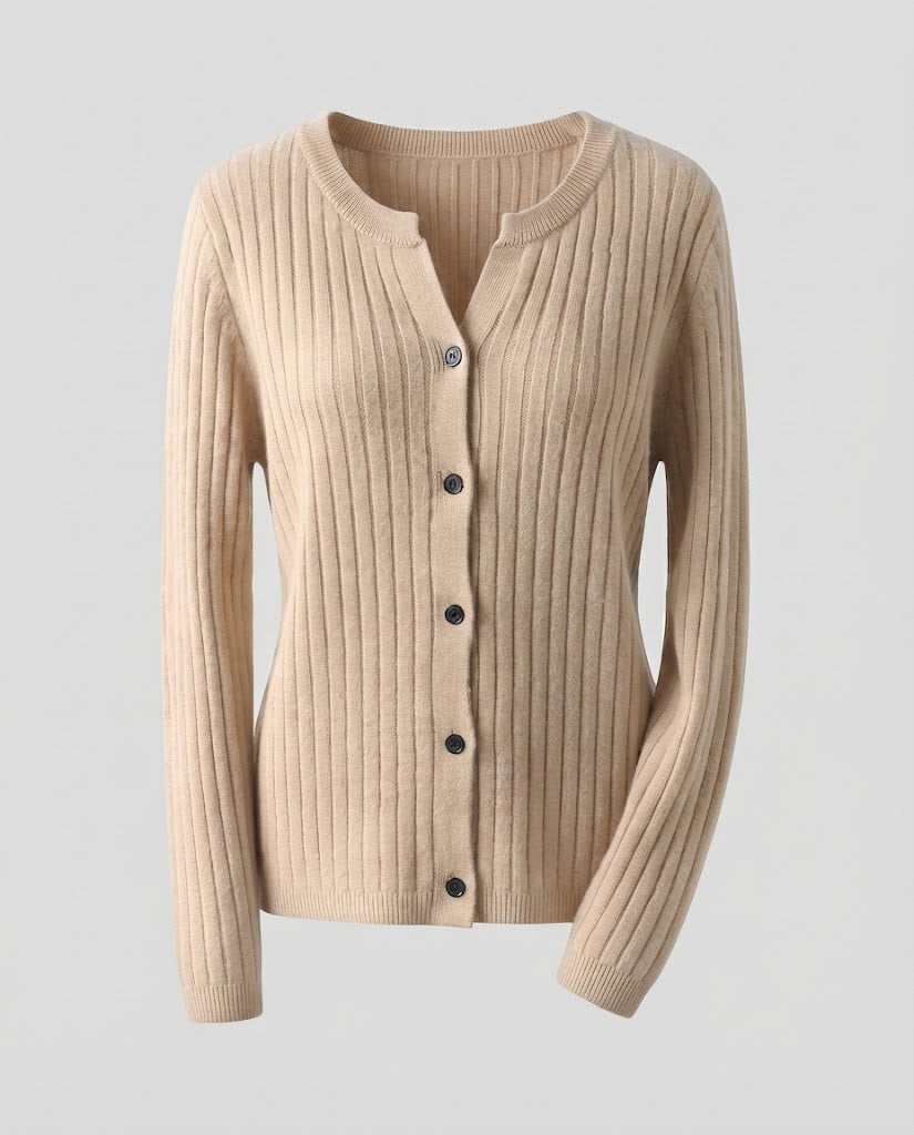 Damen Gestrickter Rippen-Cardigan mit dezentem V-Ausschnitt und Knopfleiste Nord Taschen