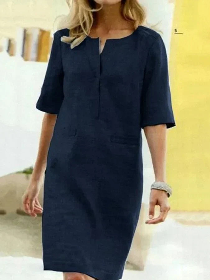 Damen Kurzarm Baumwolle und Leinen Kleid