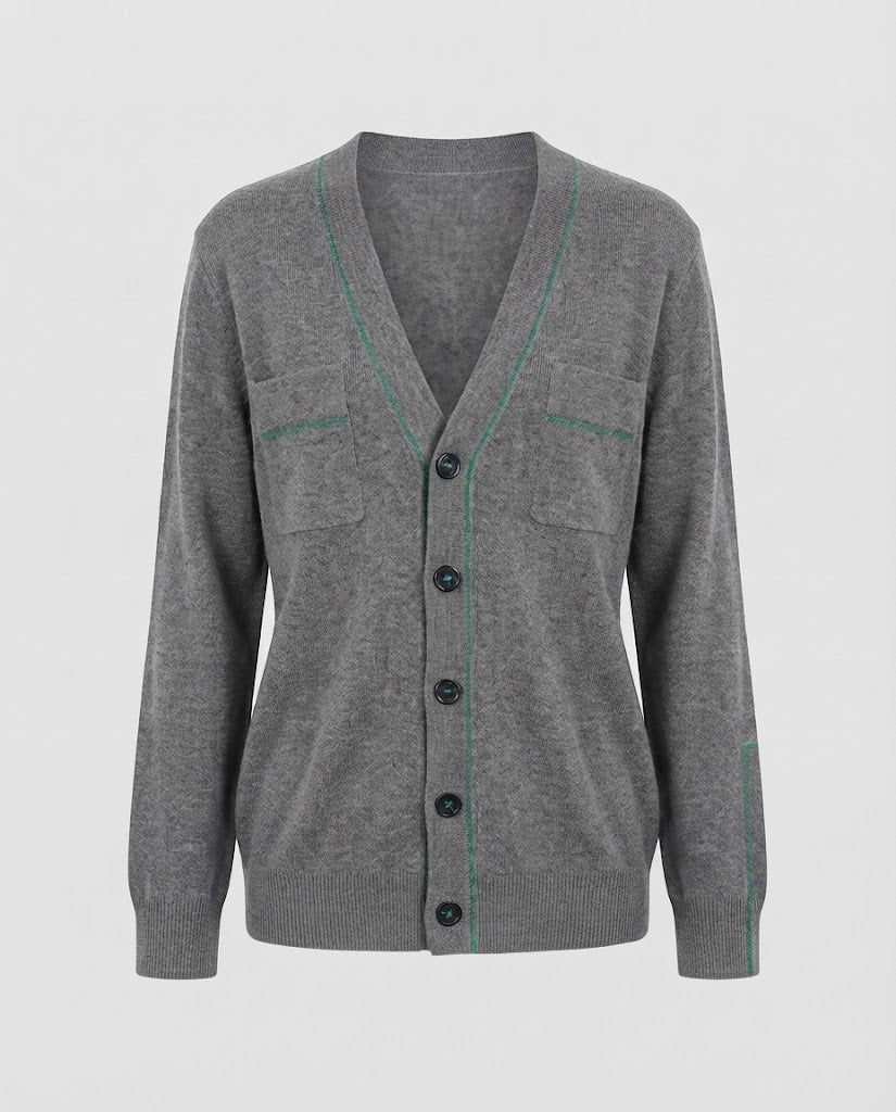 Damen Feiner V-Ausschnitt-Cardigan aus softem Wollmix mit Kontrastnaht Nord Taschen