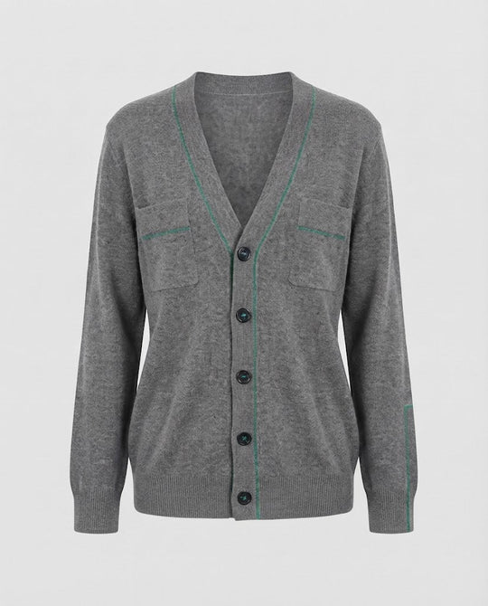 Damen Feiner V-Ausschnitt-Cardigan aus softem Wollmix mit Kontrastnaht Nord Taschen