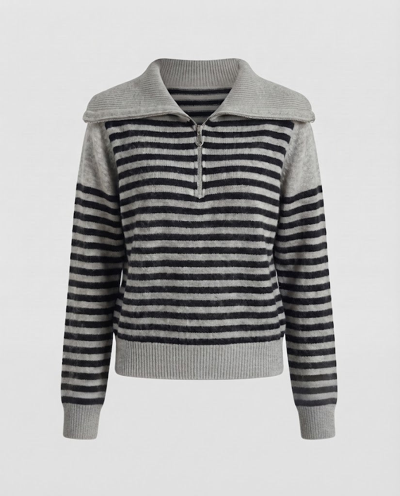 Damen Gestreifter Kurzpullover aus flauschigem Mohair‑Look mit halbem Reißverschluss und überlappendem Kragen Nord Taschen
