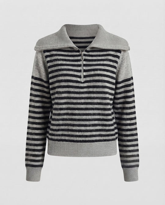 Damen Gestreifter Kurzpullover aus flauschigem Mohair‑Look mit halbem Reißverschluss und überlappendem Kragen Nord Taschen