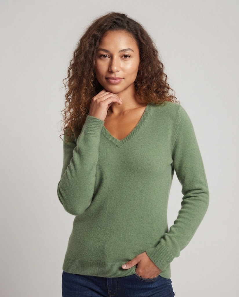 Damen Weicher V‑Ausschnitt‑Pullover in Angora‑Optik mit Mohair‑Mix und gerippten Bündchen Nord Taschen