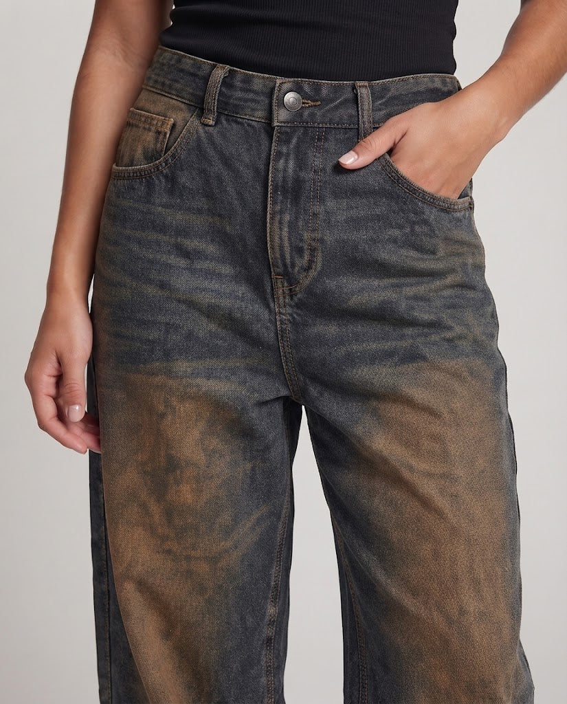 Damen Extraweite Palazzodenim-Jeans mit tiefem Schritt, Vintage-Fade und bodenlangem Saum Nord Taschen