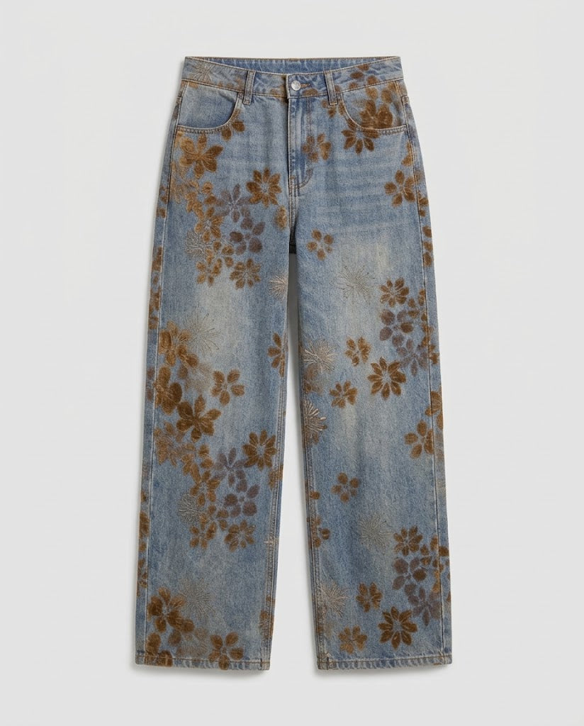 Damen Baggy-Jeans mit floralem Samtprint und weitem Bein Nord Taschen