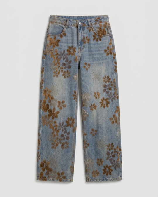 Damen Baggy-Jeans mit floralem Samtprint und weitem Bein Nord Taschen