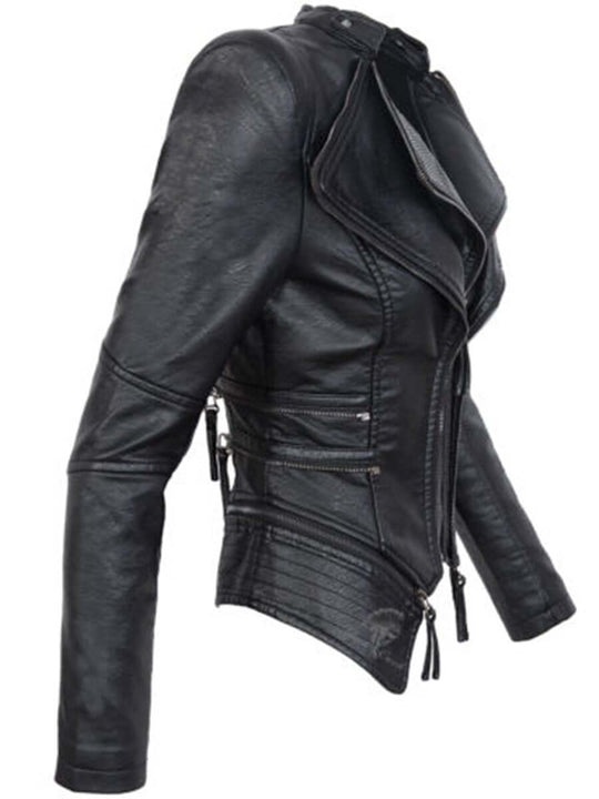 Damen Schwarze Asymmetrische PU-Leder Bikerjacke