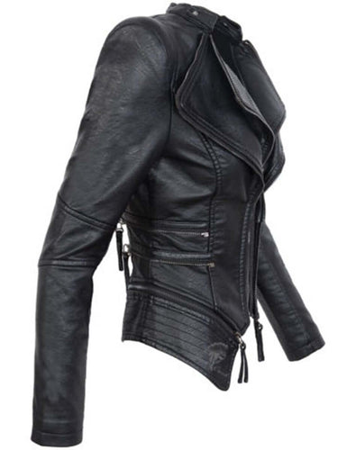 Damen Schwarze Asymmetrische PU-Leder Bikerjacke