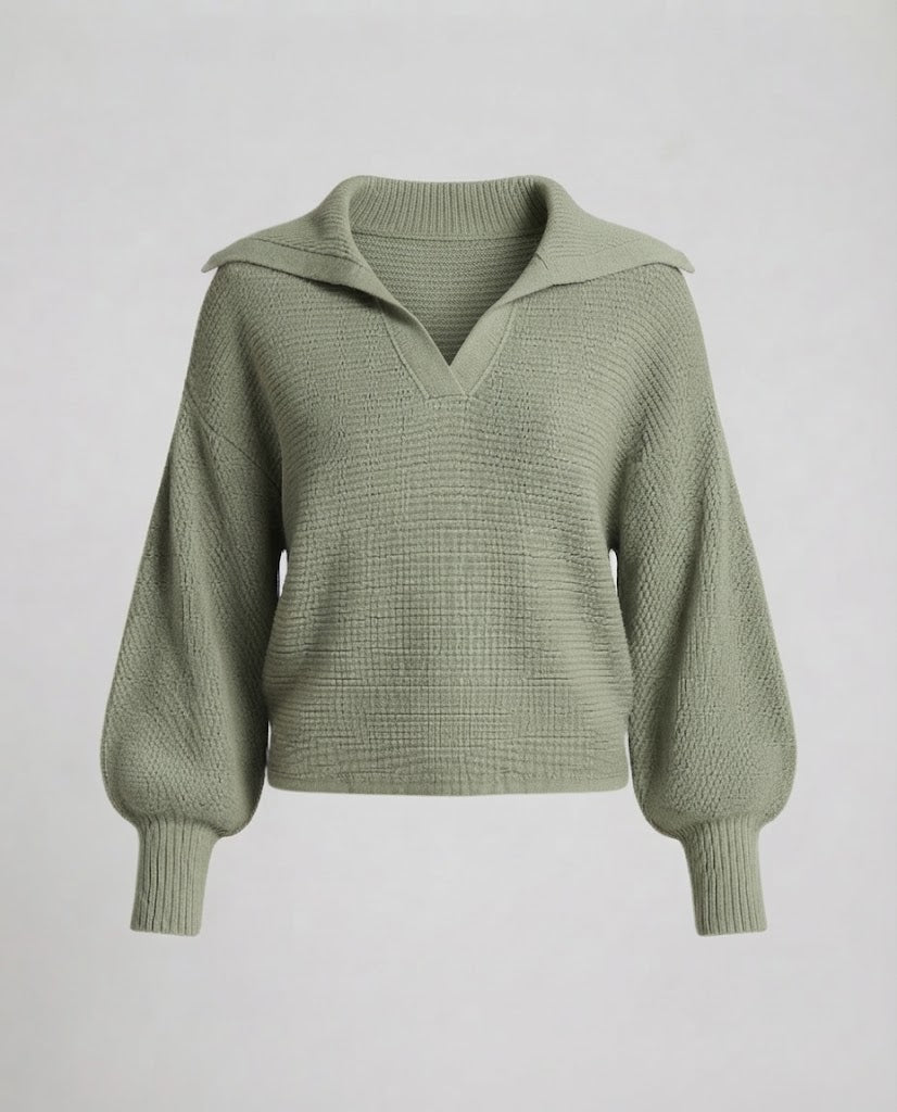 Damen Grobstrick-Pullover mit weitem Seemannskragen und Ballonärmeln Nord Taschen
