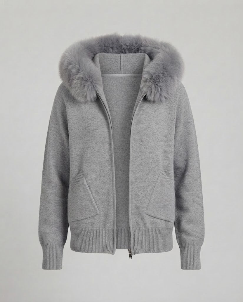 Damen Kapuzen-Strickjacke mit Kunstfellbesatz und Reißverschluss Nord Taschen