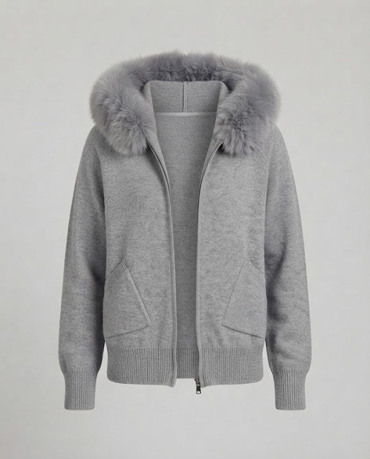 Damen Kapuzen-Strickjacke mit Kunstfellbesatz und Reißverschluss Nord Taschen