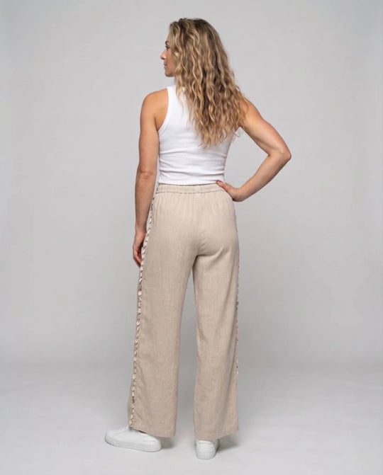 Damen Leichte Leinenhose mit weitem Bein, Kordelzug und seitlicher Makramee-Borte Nord Taschen