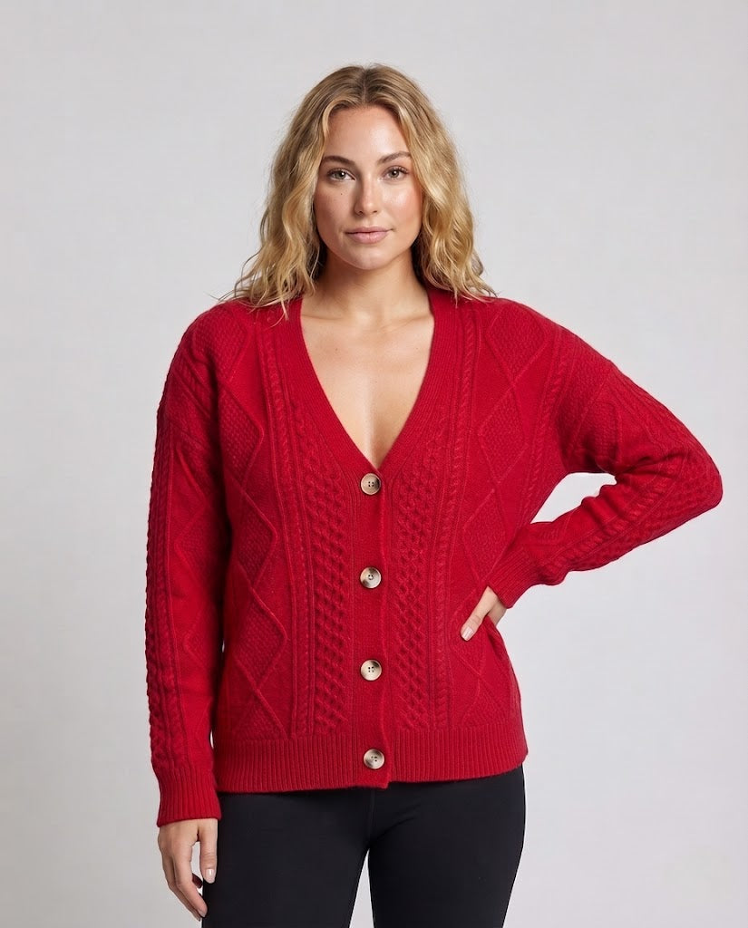 Damen Feiner Wollmix-Cardigan mit Zopfmuster, V‑Ausschnitt und Perlmuttknöpfen Nord Taschen