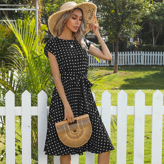 Kurzärmeliges Polka Dot Plissee-Kleid
