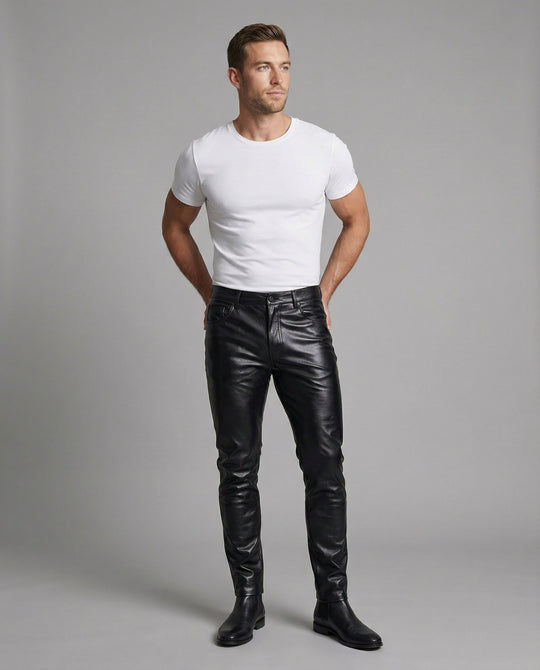 Herren Kunstleder Hose Slim Fit mit Steppdetails - Vittorelli