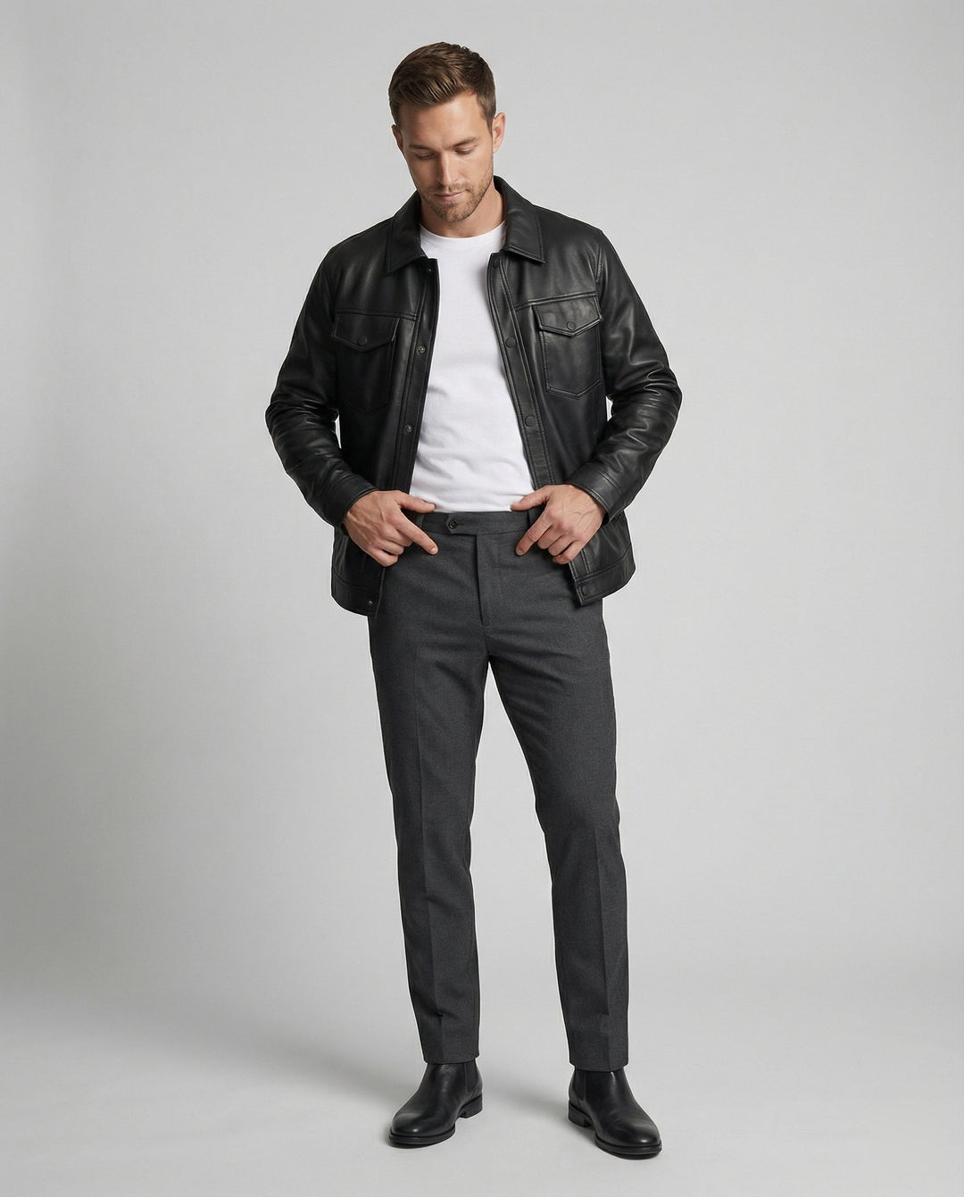 Herren Klassische Kunstlederjacke mit Taschen