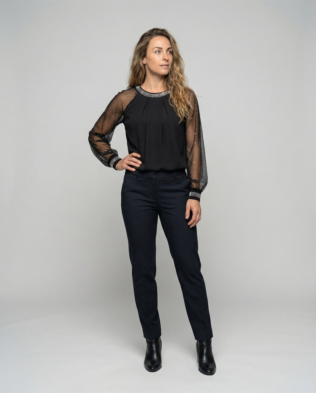 Nord Taschen Damen Mesh-Bluse mit Strassbesatz und transparenten Ärmeln