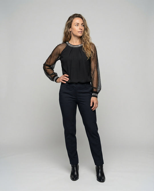 Nord Taschen Damen Mesh-Bluse mit Strassbesatz und transparenten Ärmeln