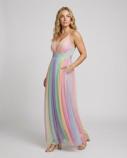 Trendiges Maxikleid mit Spaghettiträgern und buntem Farbverlauf - Arvani