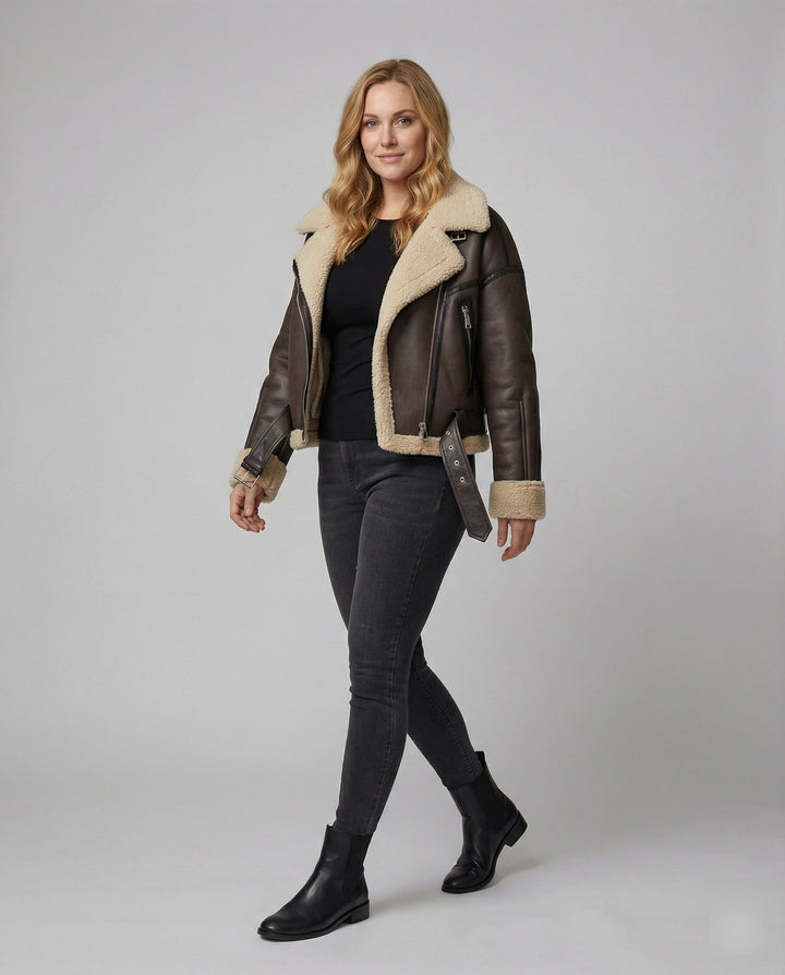 Damen Lederjacke mit Teddyfutter und Gürtel