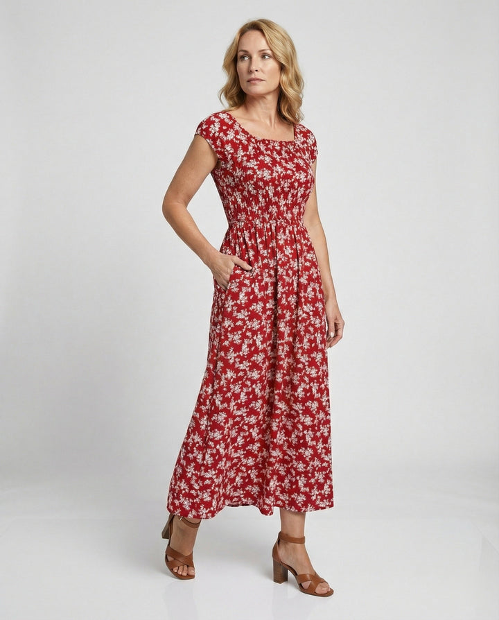 Damen Midikleid Smockbund Sommer