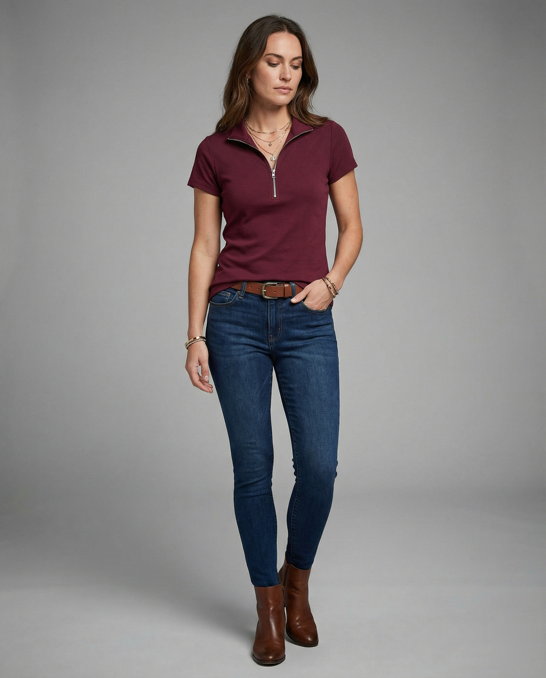 Damen Poloshirt mit kurzem Reißverschluss und figurbetontem Schnitt