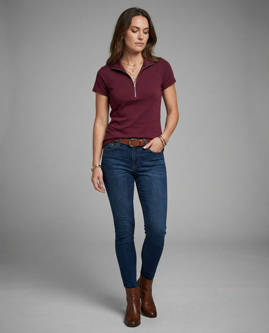 Damen Poloshirt mit kurzem Reißverschluss und figurbetontem Schnitt