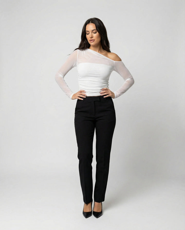 Damen Elegantes asymmetrisches Oberteil mit schulterfreiem Design und Raffung
