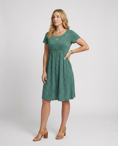 Damen Elegantes Grünes Midikleid mit Punktmuster & Kurzen Ärmeln