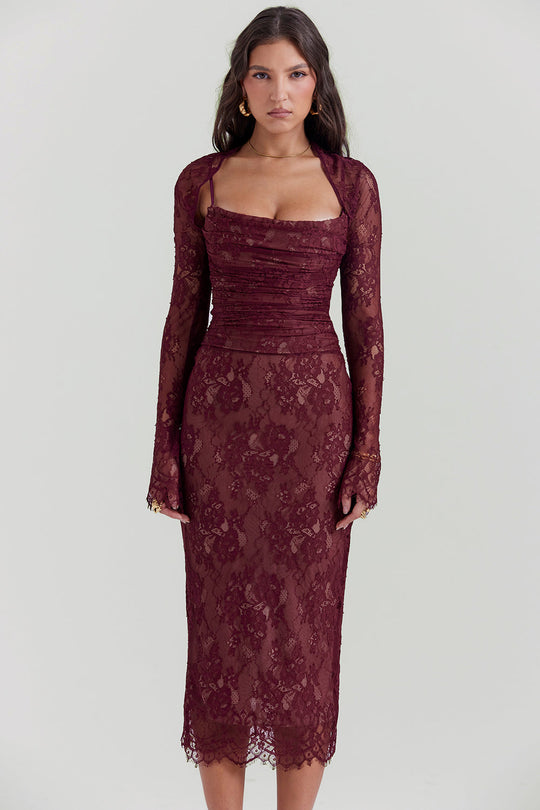 Midi Kleid aus Bordeauxrotem Spitze - Arvani