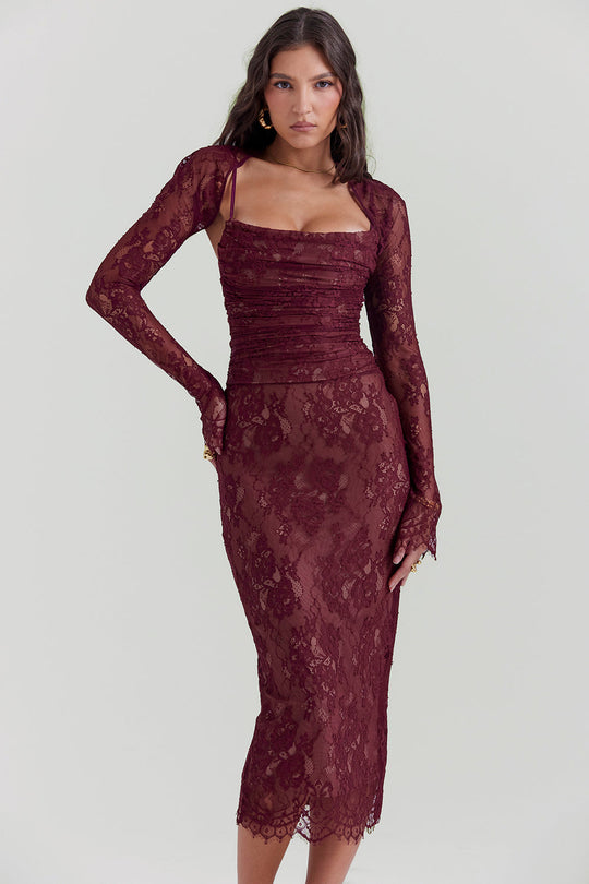Midi Kleid aus Bordeauxrotem Spitze - Arvani