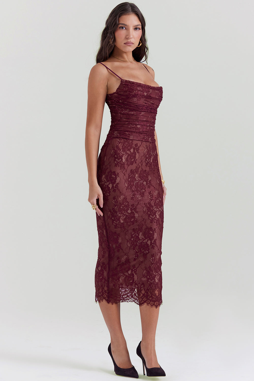 Midi Kleid aus Bordeauxrotem Spitze - Arvani
