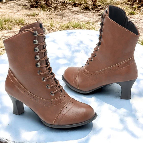 Damen Viktorianische Braune Mid-Heel Schnürstiefel mit Reißverschluss - Vittorelli
