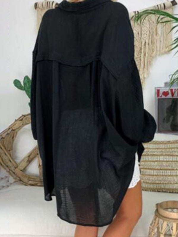 Baumwoll-Leinen-Shirt Plus Size Damen Knopf Locker Langarm Freizeitshirt Damen Oberteile