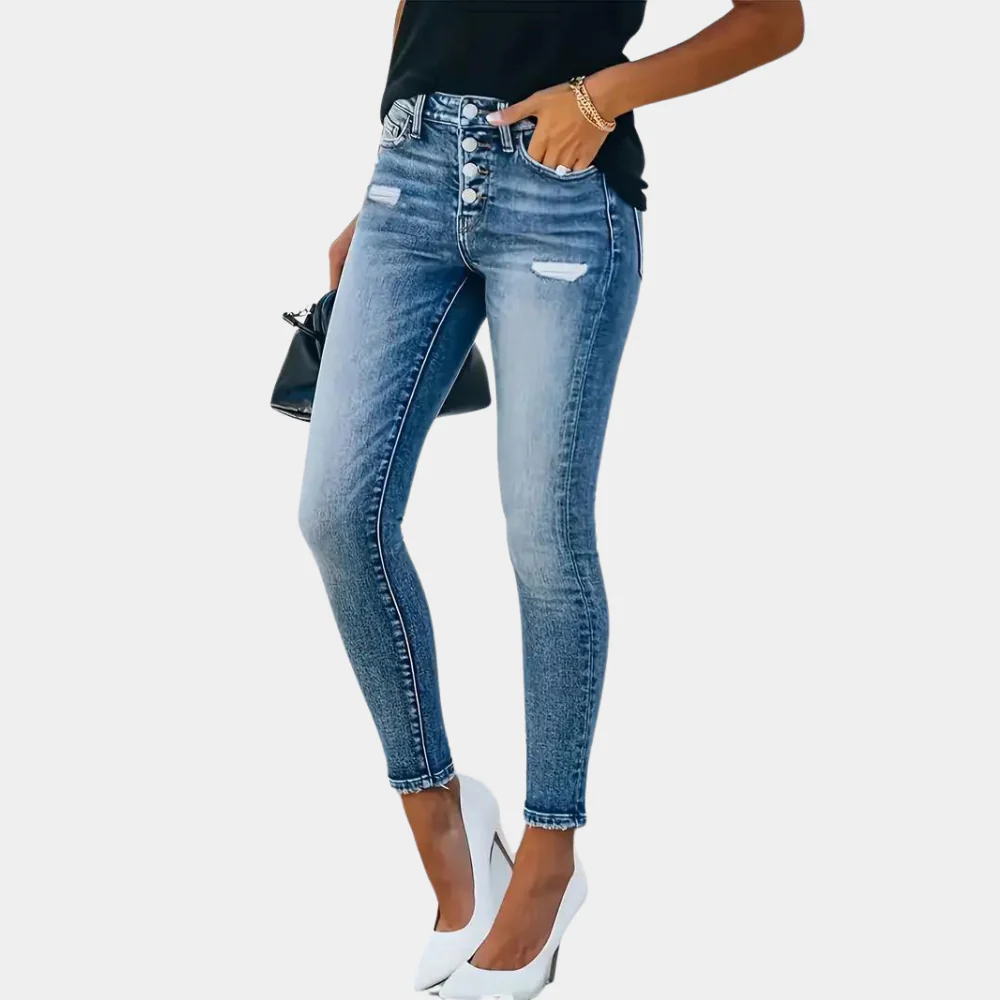 Skinny Jeans Slim Fit Stretch Denim Knopfverschluss Used Details