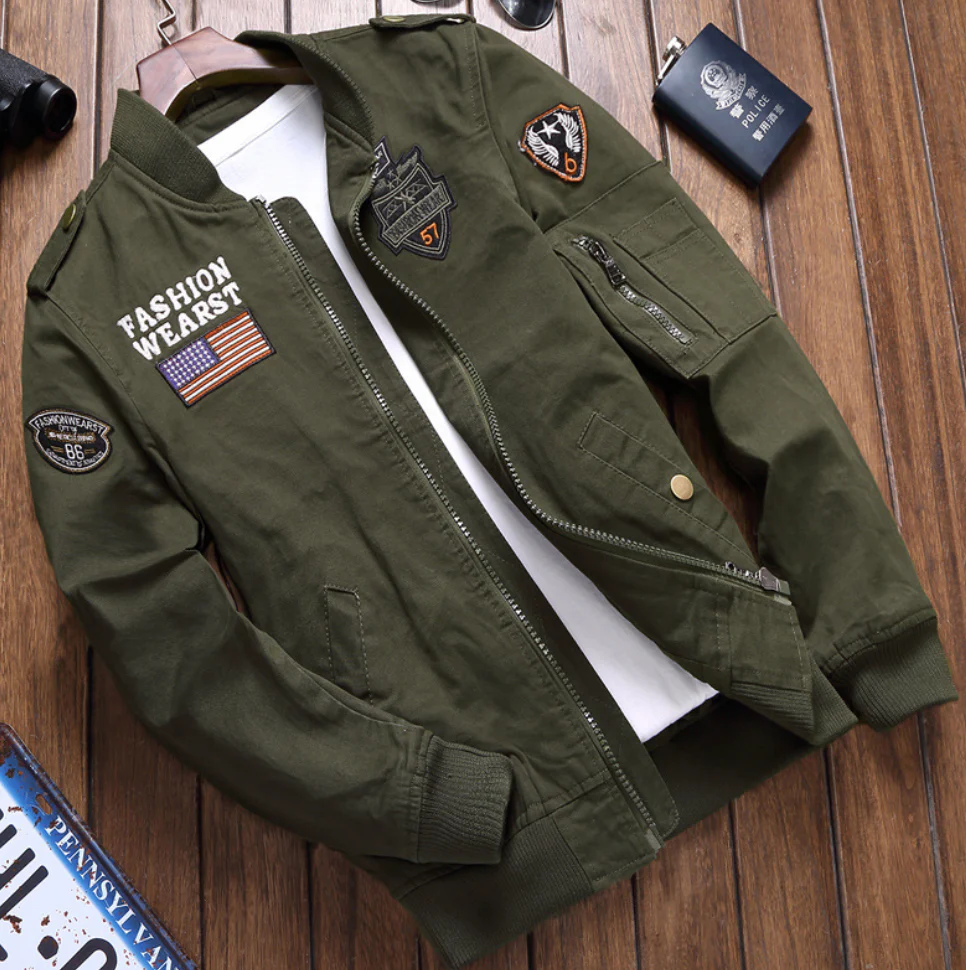 Militärjacke Strukturiert Passform Bestickte Details Reißverschlussverschluss