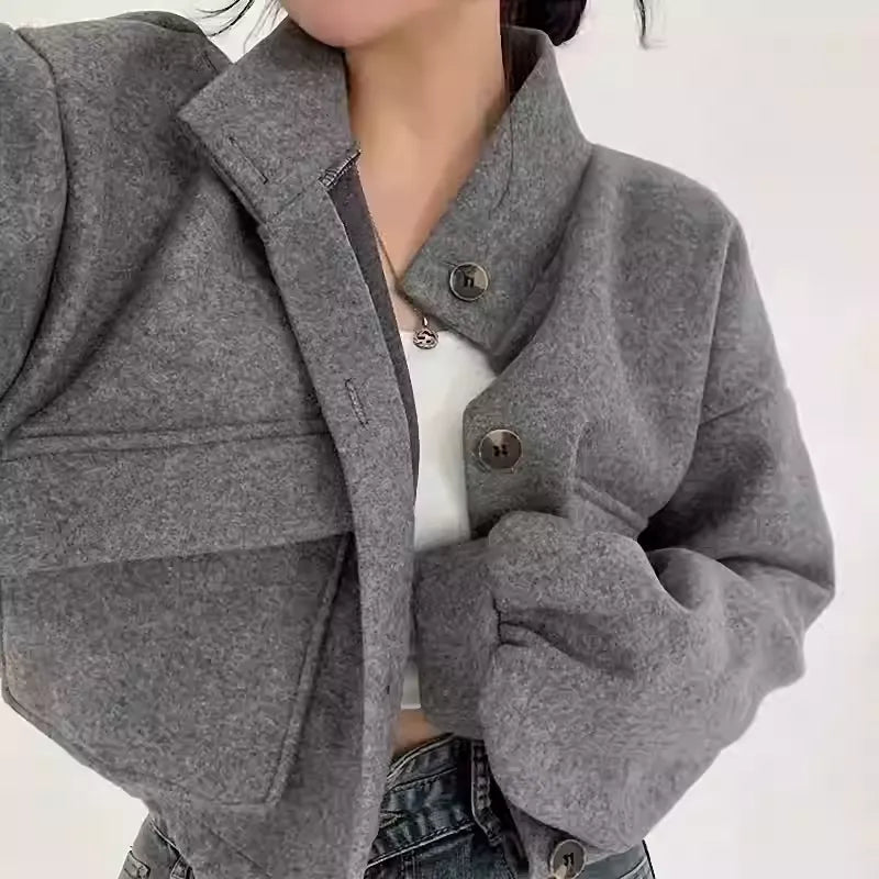 Kurze graue Wolljacke für Frauen Mauwi
