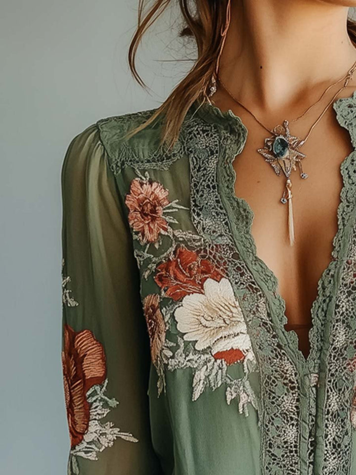 Boho Bluse Mit Spitze Und Blumenmuster