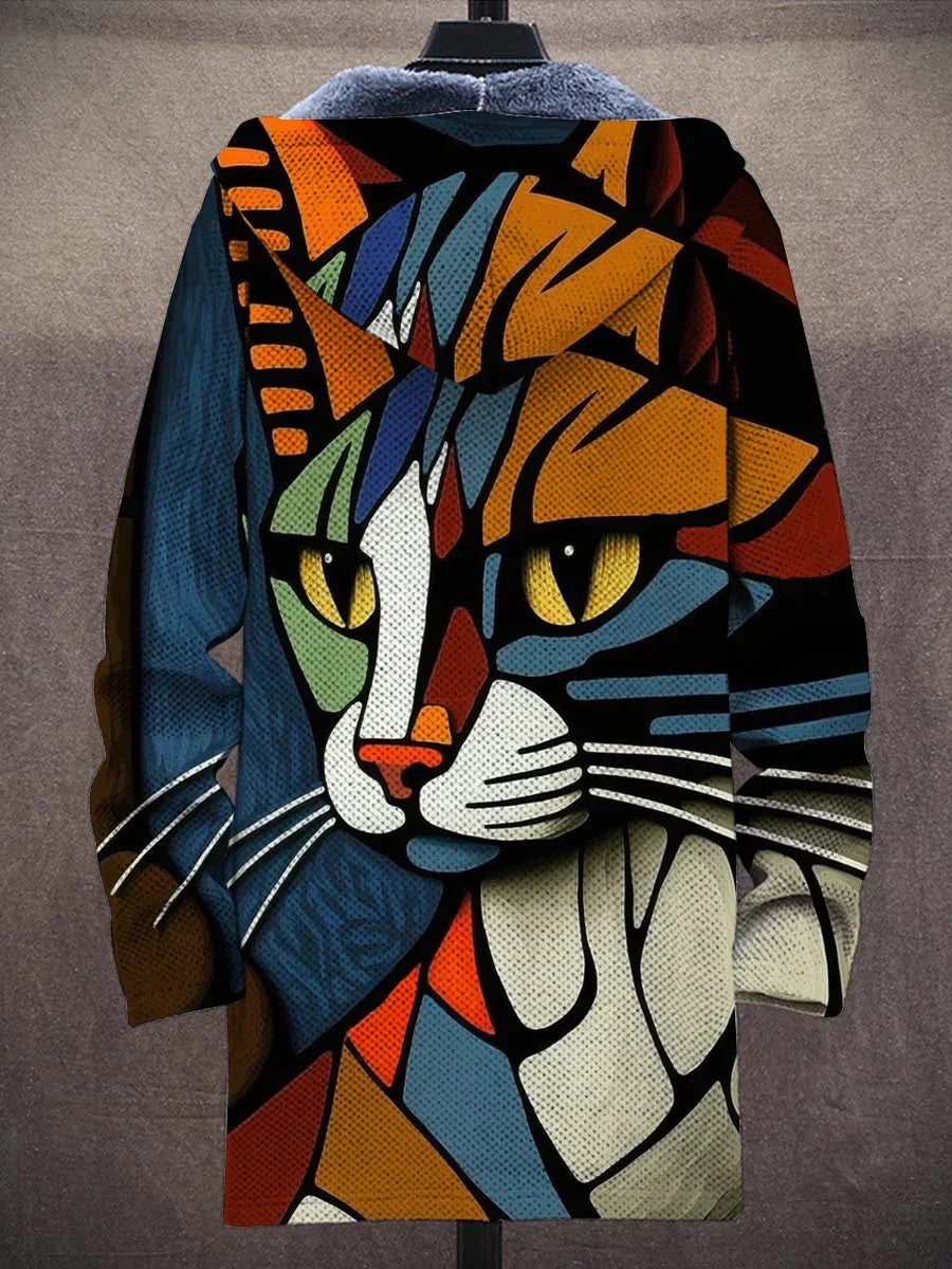 Abstrakte Katzen-Strickjacke mit Plüsch