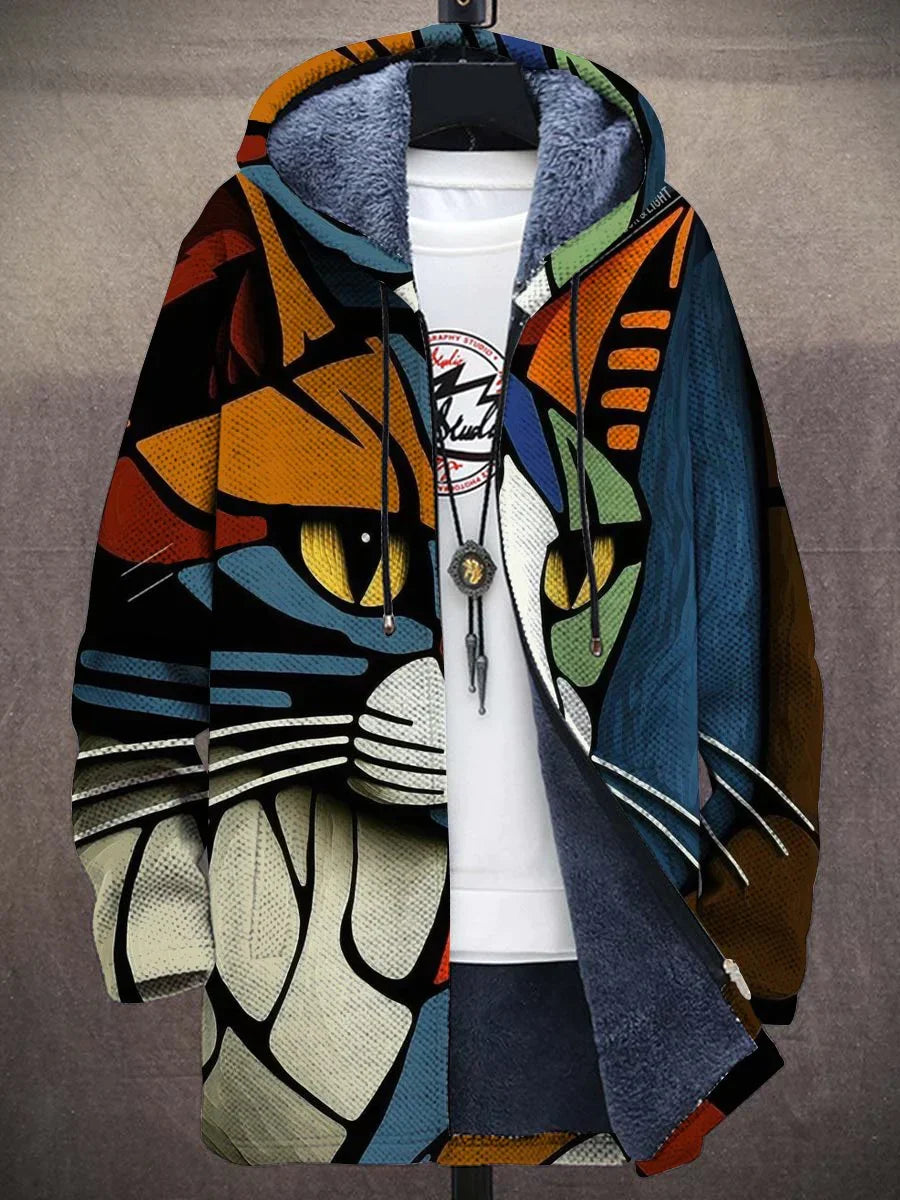 Abstrakte Katzen-Strickjacke mit Plüsch